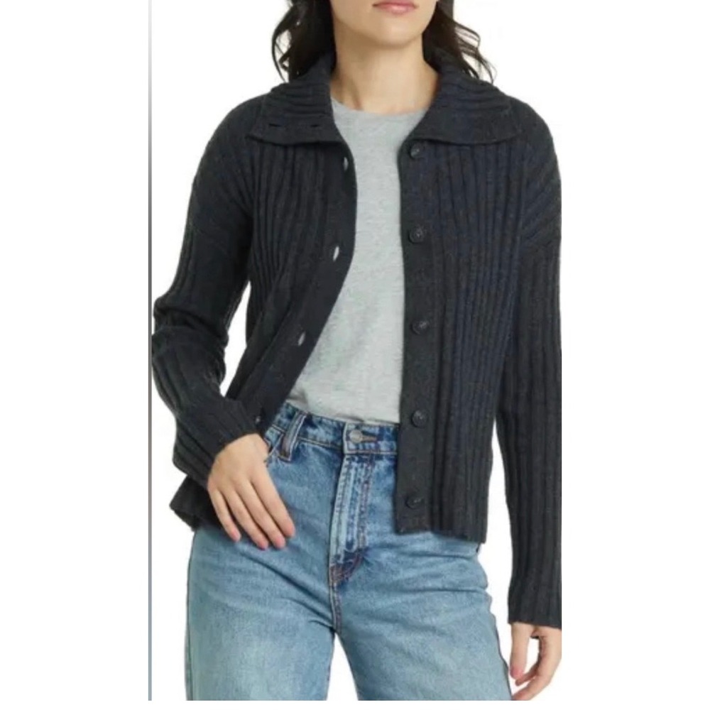 Madewell Wool Blend Ribbed Cardigan Button Sweater Womens S Gray Crop Collared